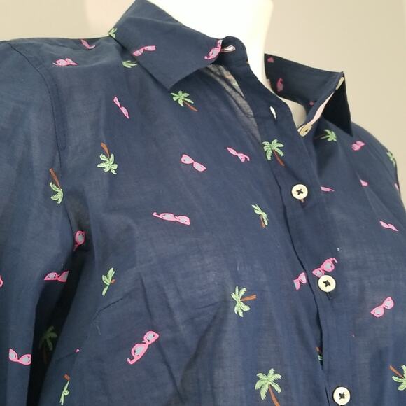 NWT Talbots Navy Blue Novelty Print Sunglasses and Palm Tree Button Up Shirt - Picture 2 of 7